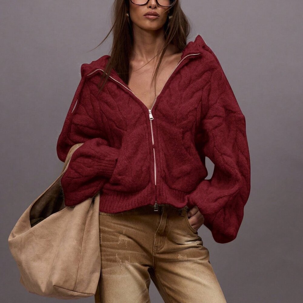 Burgundy Casual Women's Oversized Cable Knit zip up Hooded Sweater cardigan